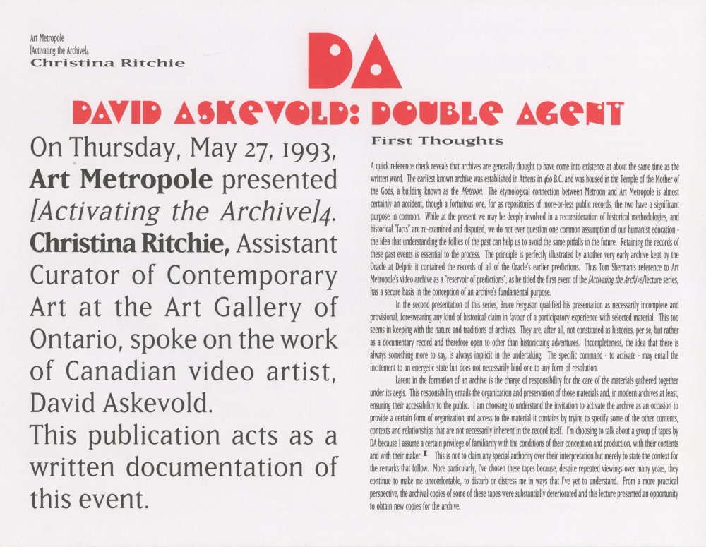 [Activating the Archive] 4:  David Askevold, Double Agent (front