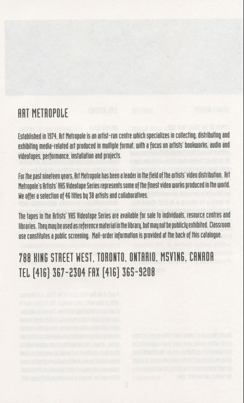 Art Metropole. Artists’ VHS Videotape Series. Retail Catalogue.