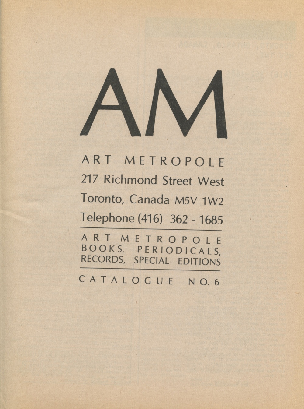 AM. Art Metropole Books, Periodicals, Records, Special Editions.