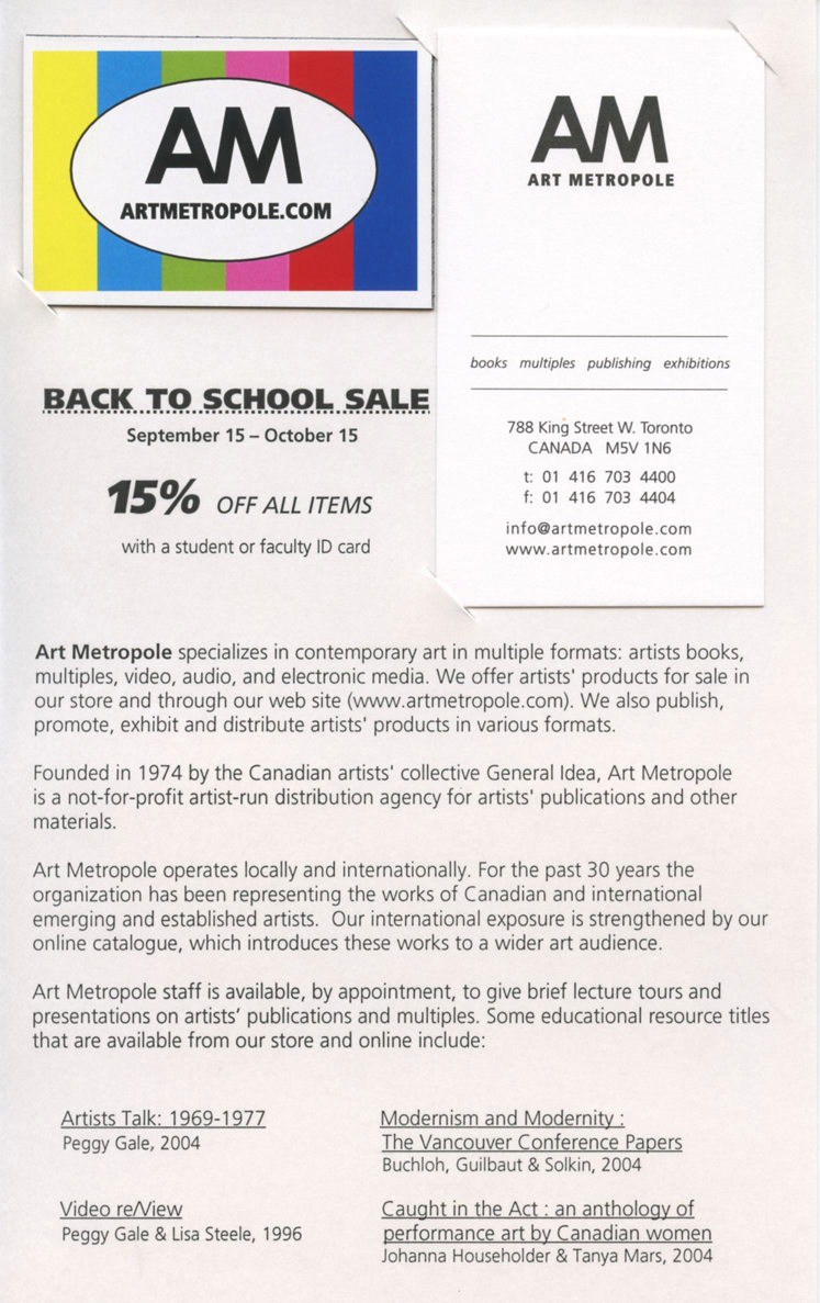 AM. Artmetropole.com. Back to School Sale