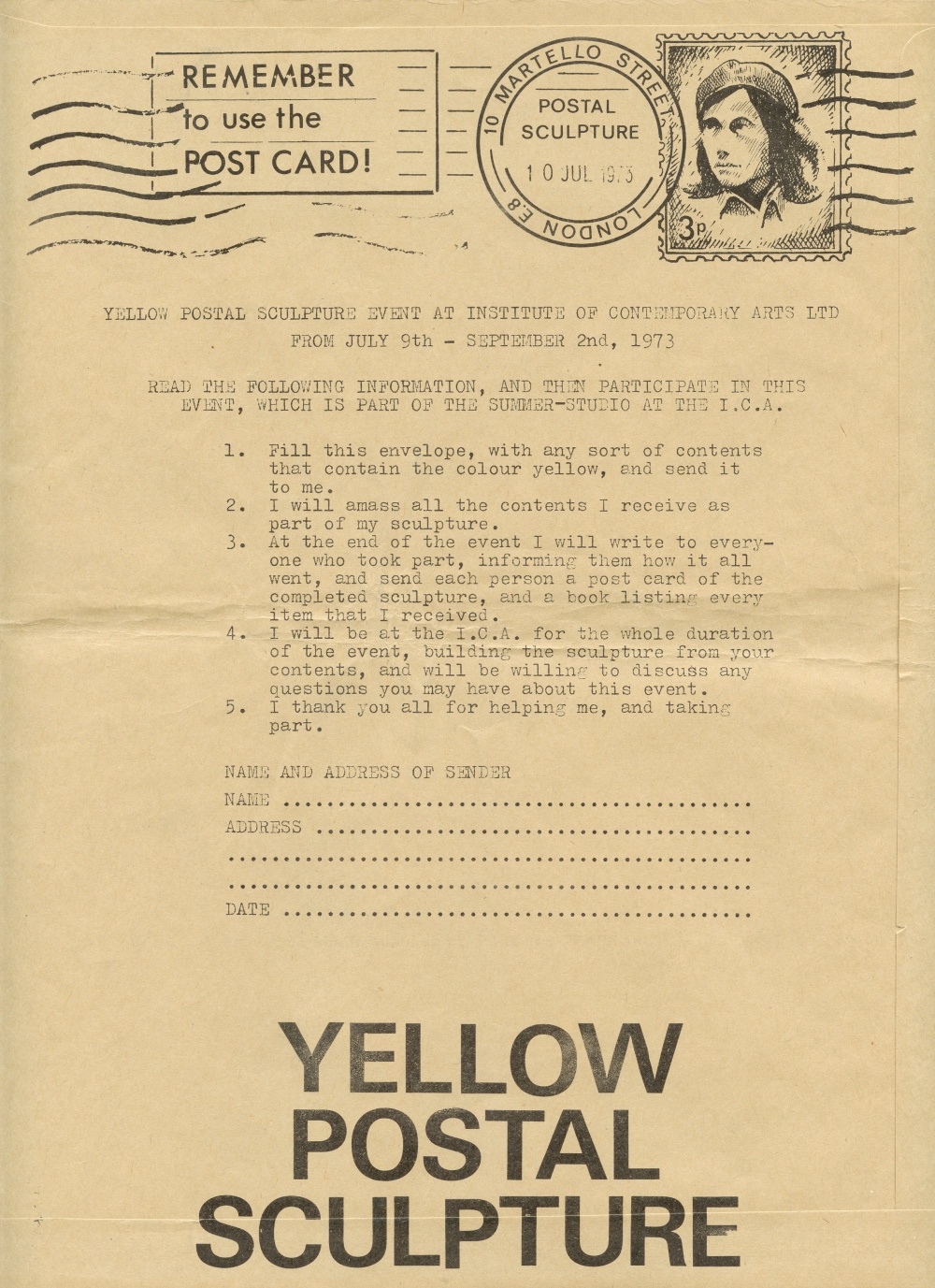 Robin Klassnik Yellow Postal Sculpture Envelope